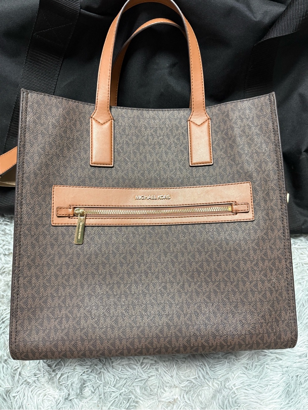 Michael Kors Brown Monogram Tote with Tan Trim